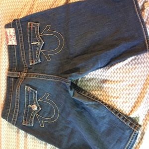 True Religion dark denim Bermuda shorts.