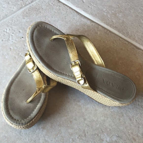 Prada gold wedge sandals