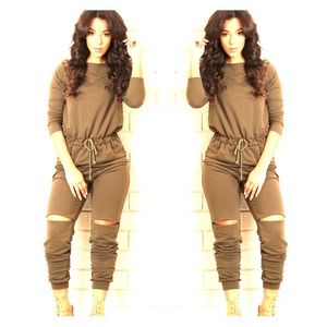 Olive Slit Knee Romper/Jumpsuit