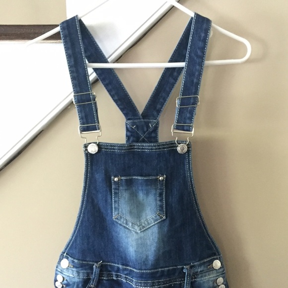 Dark wash denim short overalls