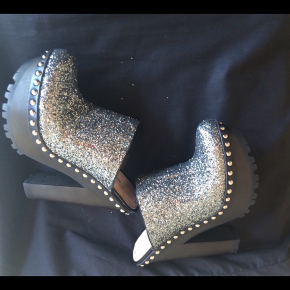 Studed Miu Miu Silver Glitter Mules - Picture 1 of 4