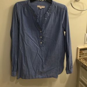 Chambray top with ruffle detail around neck