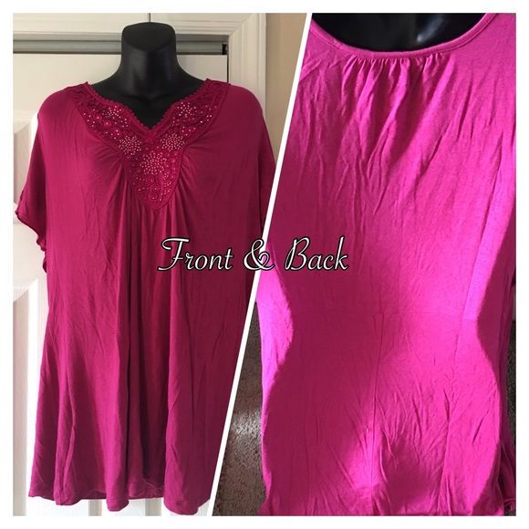 Fushia Shirt with Beaded Neckline - Picture 2 of 4