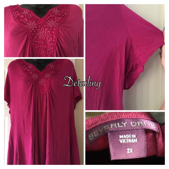 Fushia Shirt with Beaded Neckline - Picture 3 of 4
