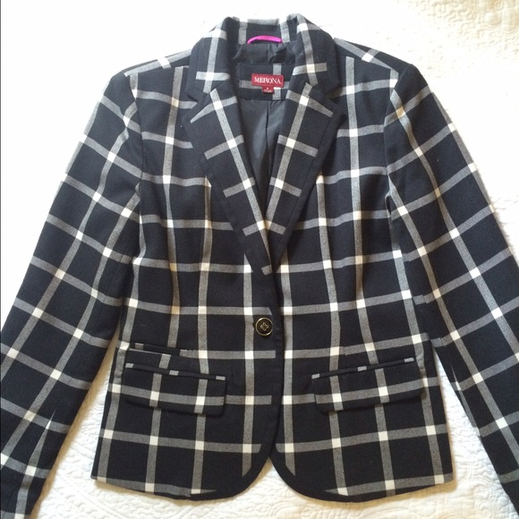 Black & White Windowpane Blazer w/ Accent Collar