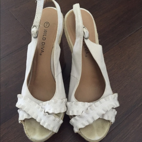 Wild Diva White Frilly Wedges