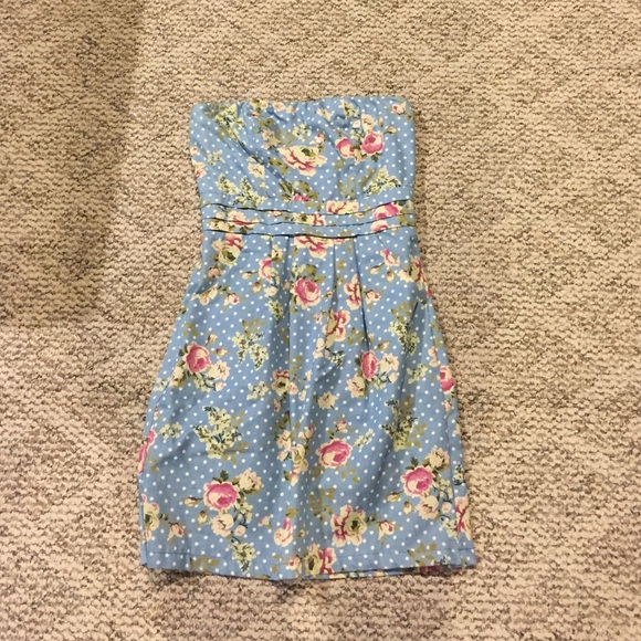 Strapless blue and polka dot floral dress. Pleated