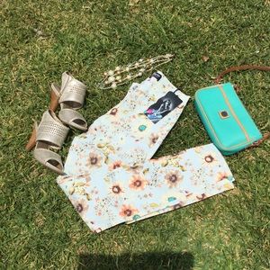 Mint skinny jeans with floral design