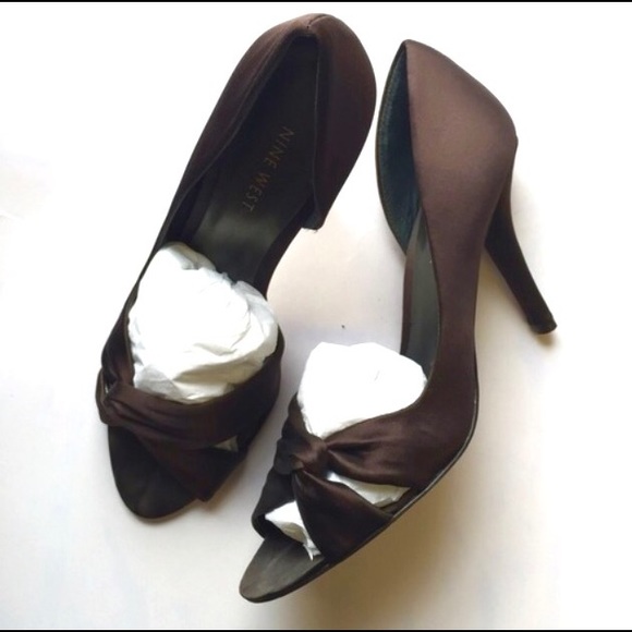 Brown satin open toe heels