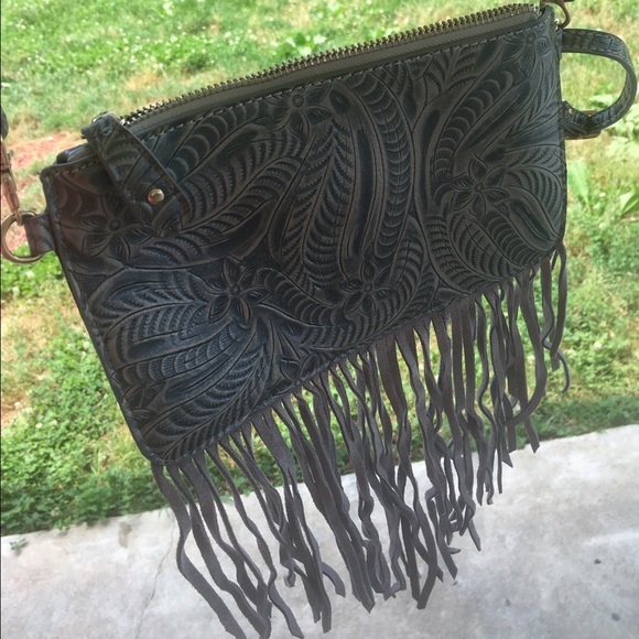 Grey Fringe Leather Clutch