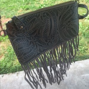 Grey Fringe Leather Clutch
