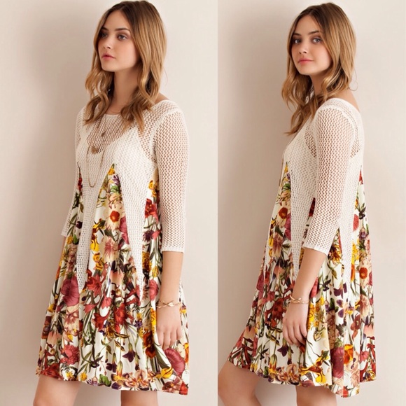 FLORAL PRINT SHEER BOHO BABYDOLL CROTCHET DRESS - Picture 2 of 4