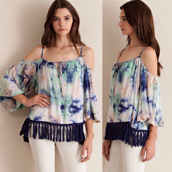 TIE DYE COLD SHOULDER BELL SLEEVE TOP - Picture 2 of 3