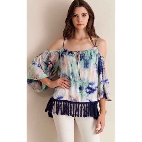 TIE DYE COLD SHOULDER BELL SLEEVE TOP - Picture 3 of 3