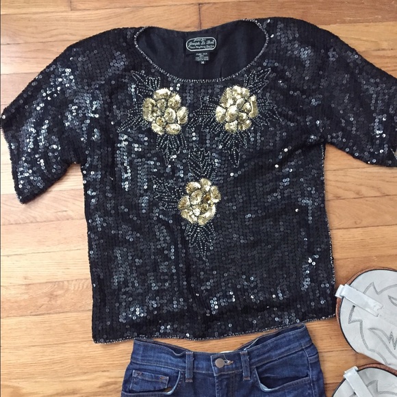 Vintage Sequin Black and gold flower top