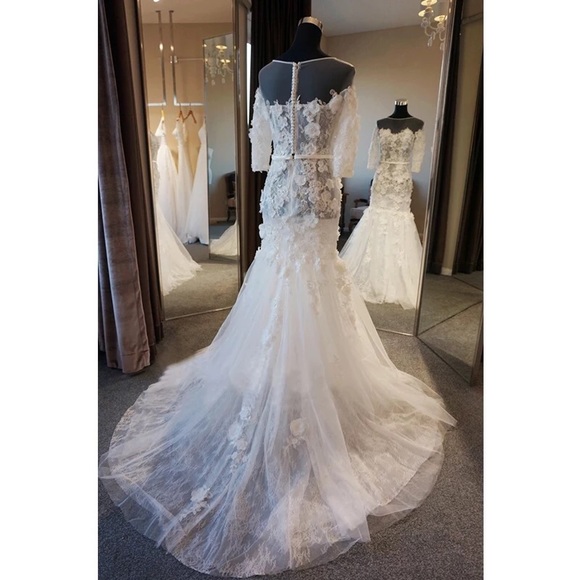Sheer 3/4 sleeves lace mermaid wedding gown