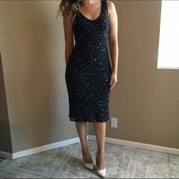 Gorgeous Formal Black Sequined Midi-Dress.