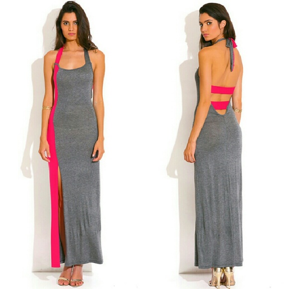 Dresses & Skirts - Duplicate- Charcoal Gray Hot Pink Slit Maxi Dress