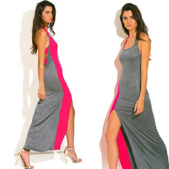 Duplicate- Charcoal Gray Hot Pink Slit Maxi Dress - Picture 2 of 4