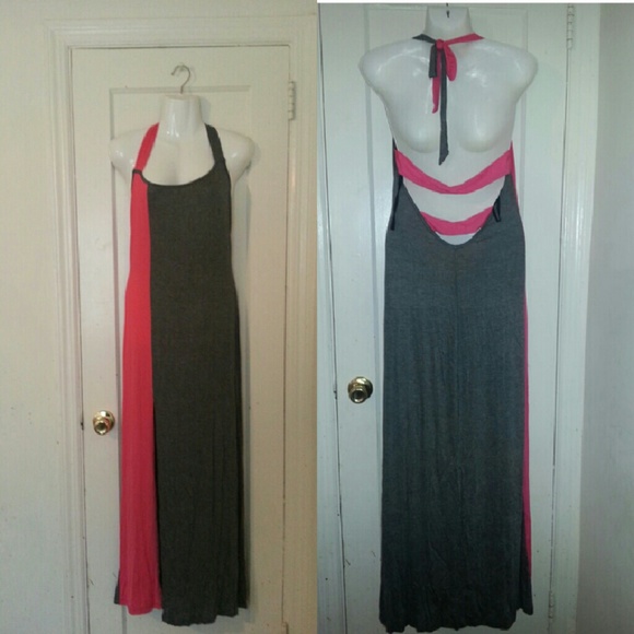 Duplicate- Charcoal Gray Hot Pink Slit Maxi Dress - Picture 3 of 4