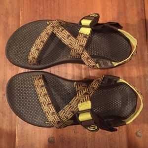 Lime green and brown Chacos