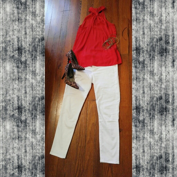 Sophisticated Bright red keyhole blouse