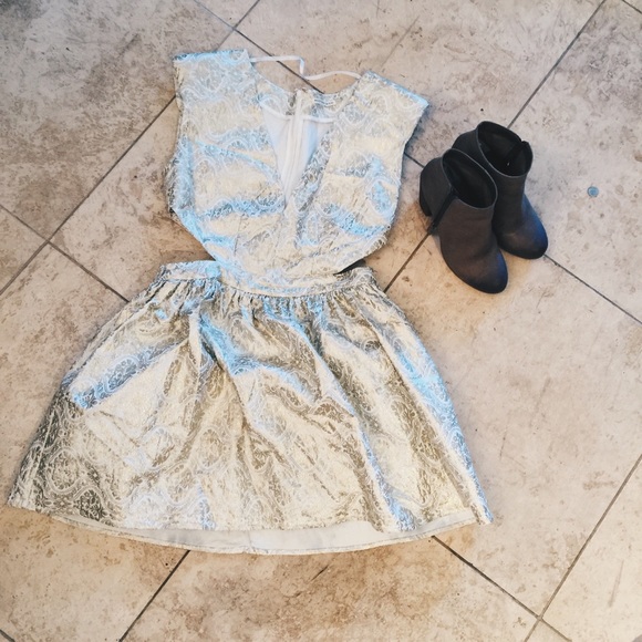 White and Gold Sparkly Cut-Out Dress