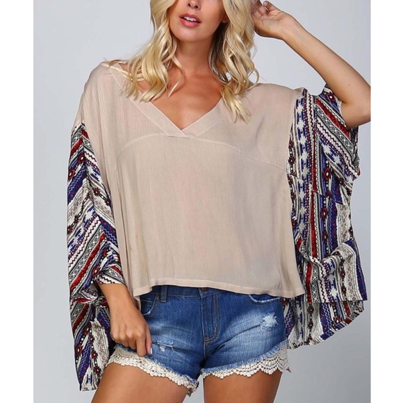 🆕GENEVIEVE Ethnic print kimono top - TAUPE - Picture 3 of 3