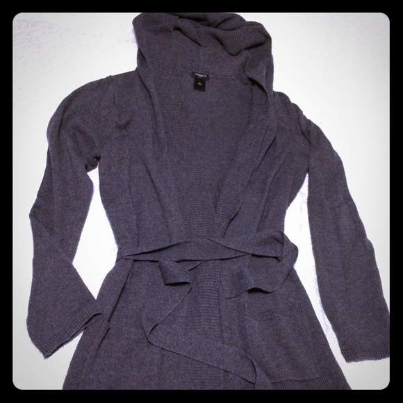 Ann Taylor Grey hooded belted sweater cardigan. M.