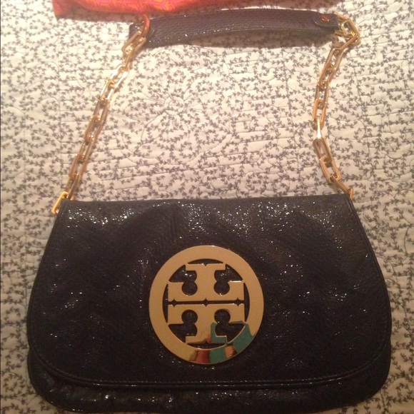 authentic tory burch snakeskin navy clutch