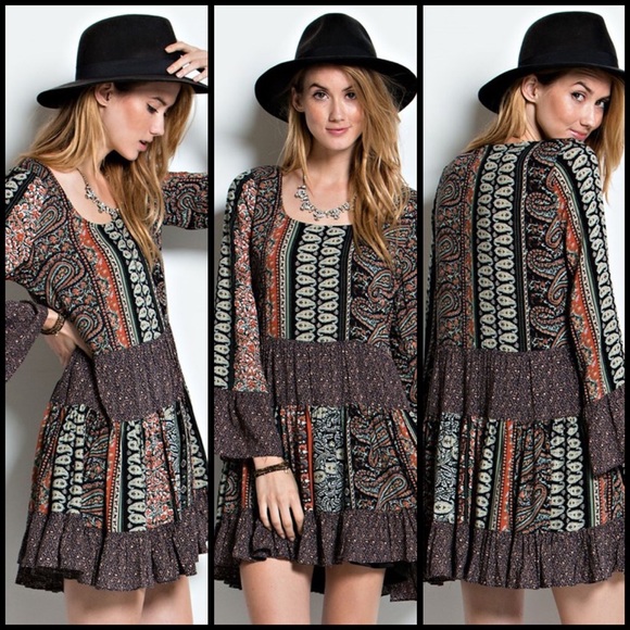 Boho Navy and Orange Mix Print Dress - Picture 3 of 5