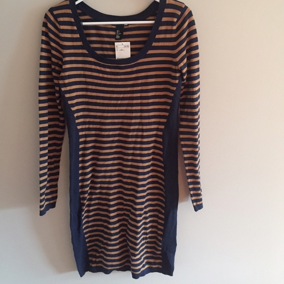 H&M long sleeve blue and tan fitted mini dress - Picture 1 of 2