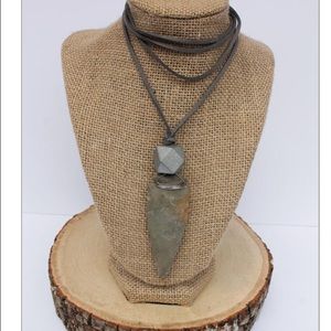 Gray leather arrowhead wrap necklace