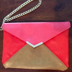 Pink/Tan Leather Clutch with Gold Chain