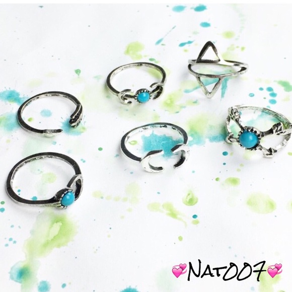 Six Silver Boho Style Turquoise Rings.