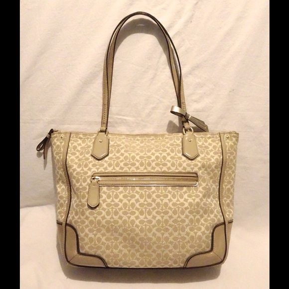 COACH Poppy Sig Metallic Outline Tote Gold Tan