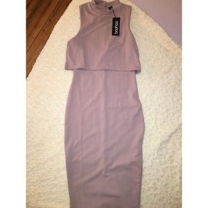 High neck double layer midi dress