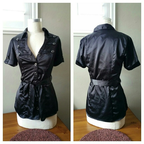 Black Satin Button Down with Tie Waist - Picture 1 of 4
