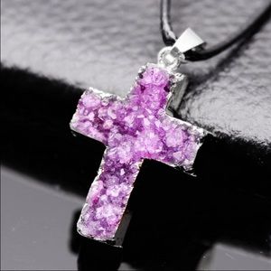 Silver Stone Purple Cross Necklace with Rope Chain