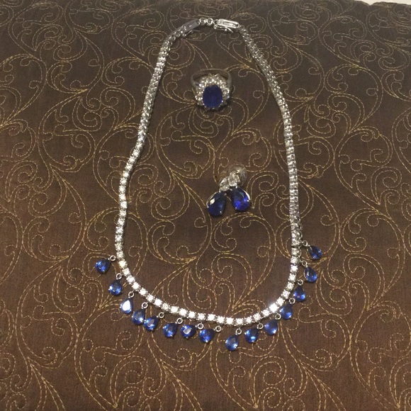 Rhinestone / blue Safire ring, necklace, earrings.