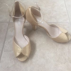 Chelsea Crew gold ankle strap peep toe heels.