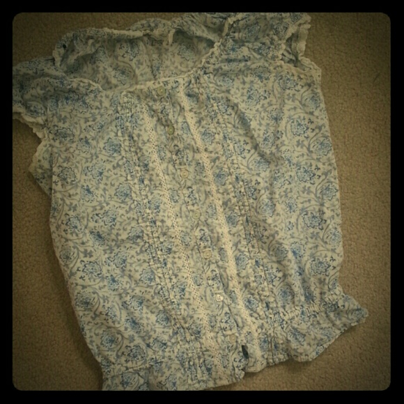 White and Blue Button-Down Peasant Top