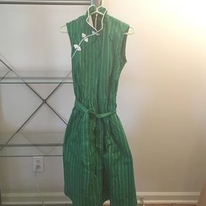 Green Tea Length Dress with Tie Belt