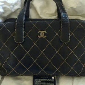 CHANEL Black/Tan Crazy Stitch Leather Tote Handbag
