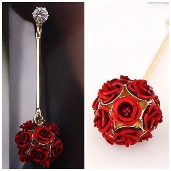 ED39 Red & Gold Flower Ball Drop Crystal Earrings - Picture 2 of 2