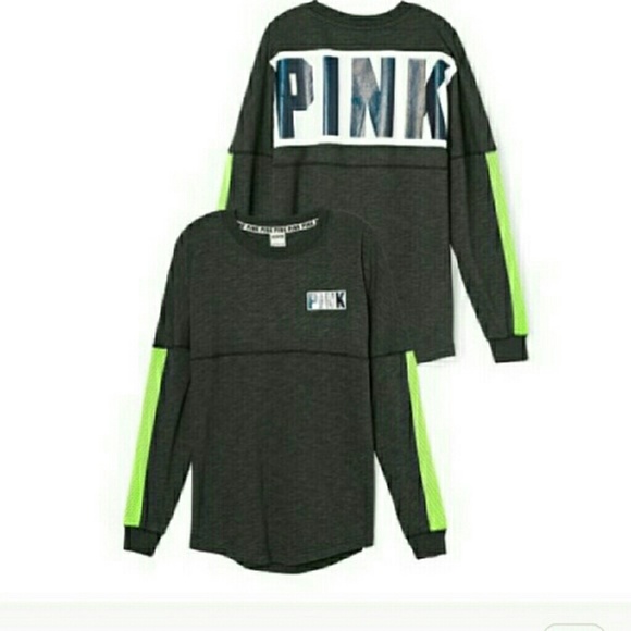 PINK VS varsity crew shirt holographic logo gray