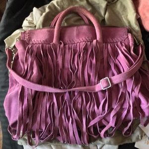V by Eva Suede Tote with Fringe in Magenta