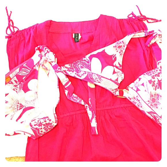 Pink swim cover up and bikini