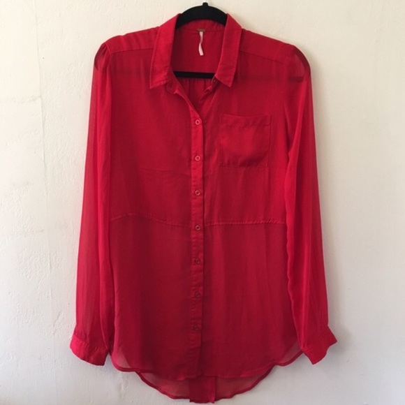 Free People Red Button Down Blouse - Picture 3 of 4