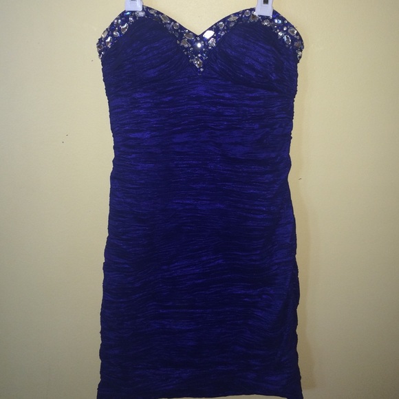Strapless blue dress with rhinestone detailing!